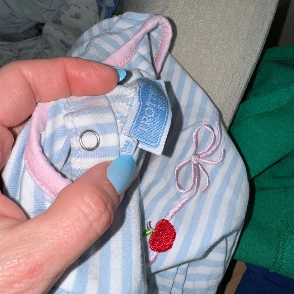Trotter Street Kids bows apples appliqué bubble romper striped baby girl school